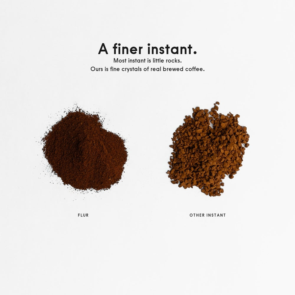 FLUR fine coffee crystals next to typical instant granules