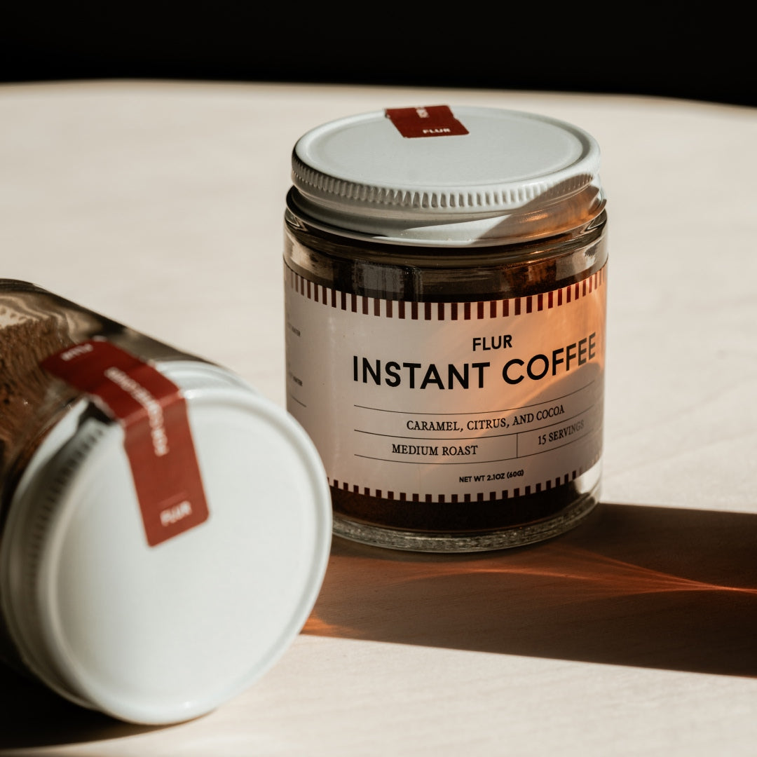 FLUR Instant Coffee jar in warm light
