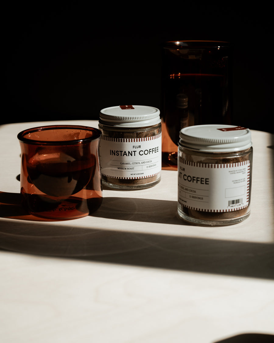 FLUR Instant Coffee jars with amber glasses
